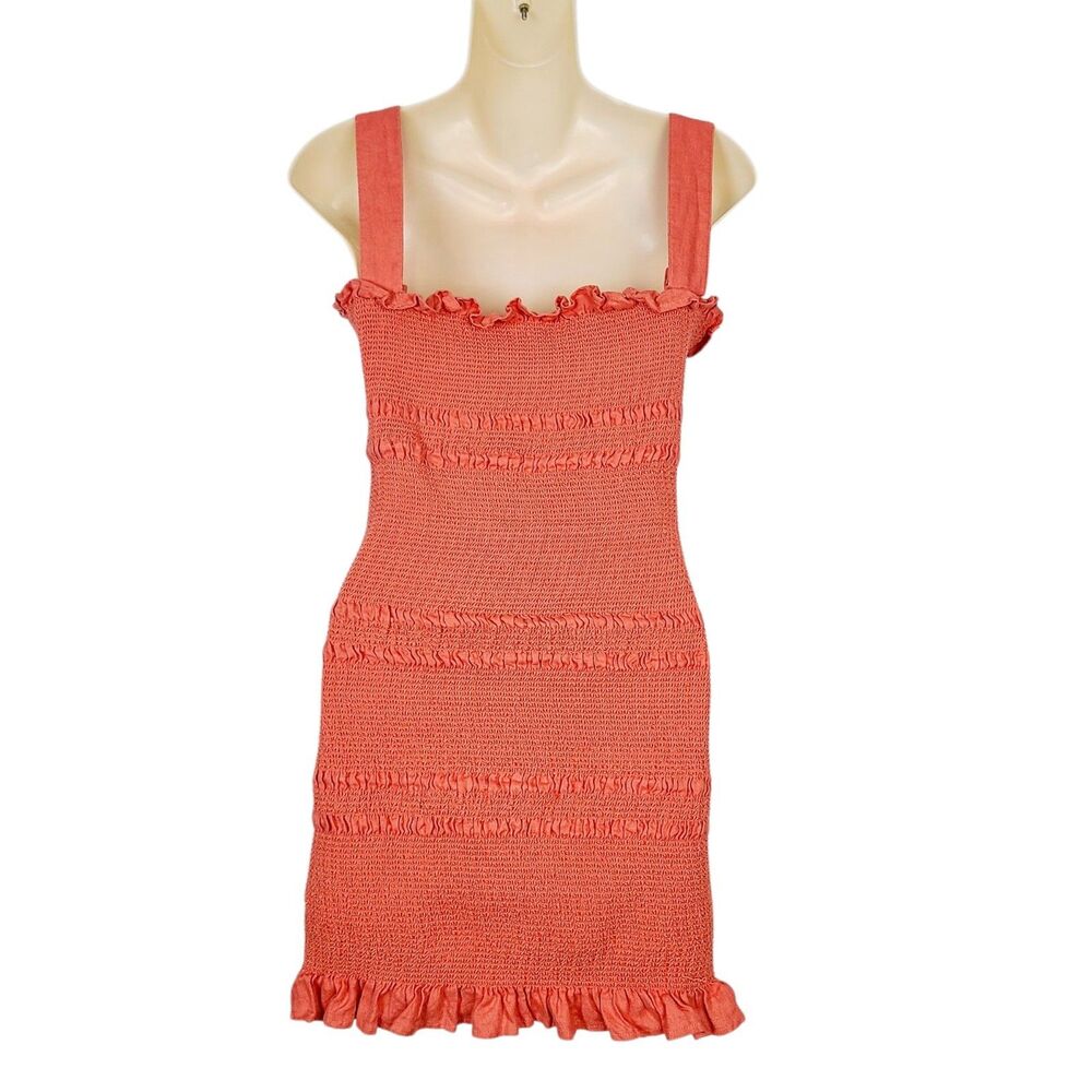 Revolve Capulet Linen Mini‎ Dress L Orange Smocked Resort Vacation - Picture 5 of 11